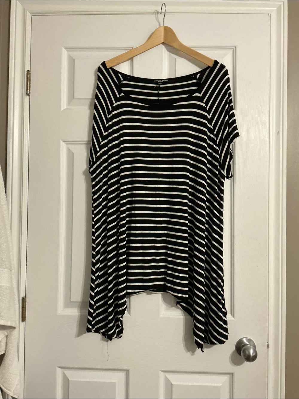Super Soft Plus Sized Long Black & White Striped Asymmetric Hem Tunic Top